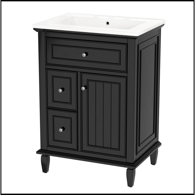 Meuble-lavabo 24 po avec lavabo, meuble-lavabo avec un tiroir rabattable et deux tiroirs, tablette réglable, bois massif et panneau de fibres à densité moyenne