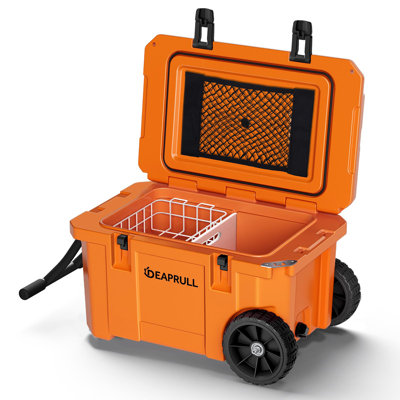 55 Quart Cooler With Wheels, Ice Chests Portable Camping Cooler Holds Ice Up To 6 Days, Leak-proof Outdoor Insulated Cooler With Handle, Cup Holders, Hard Cooler For Camping, Beach, Boat