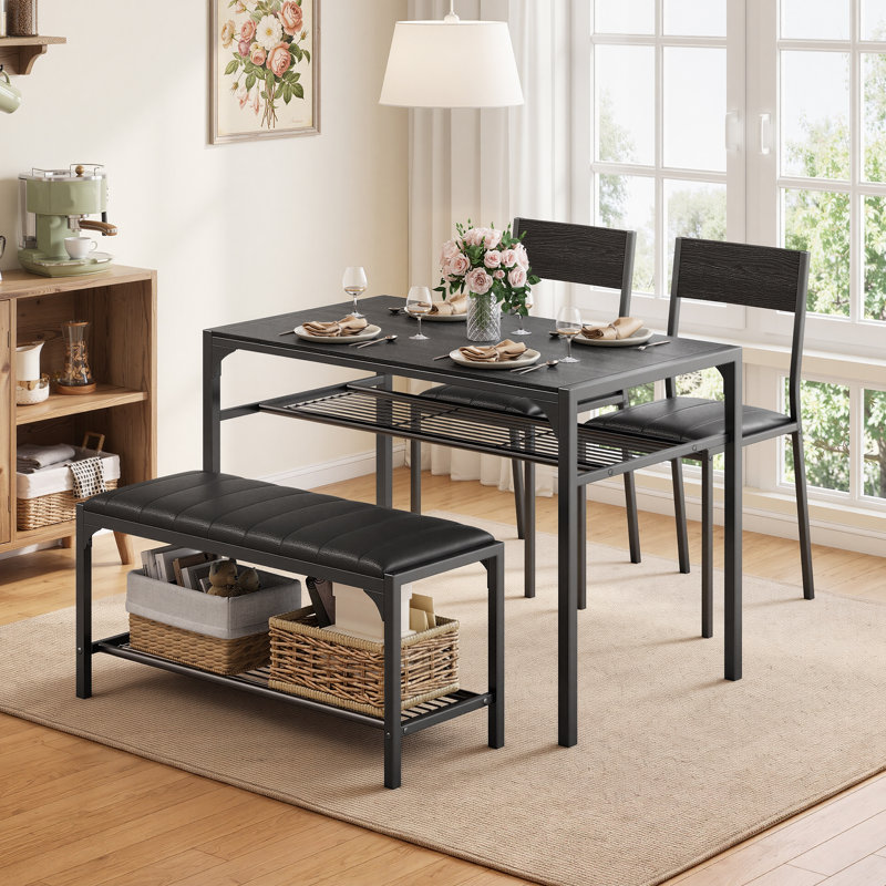 Ensemble de salle à manger Tamajah 4 pièces pour 4 personnes avec table rembourrée, banc, 2 chaises et étagères de rangement