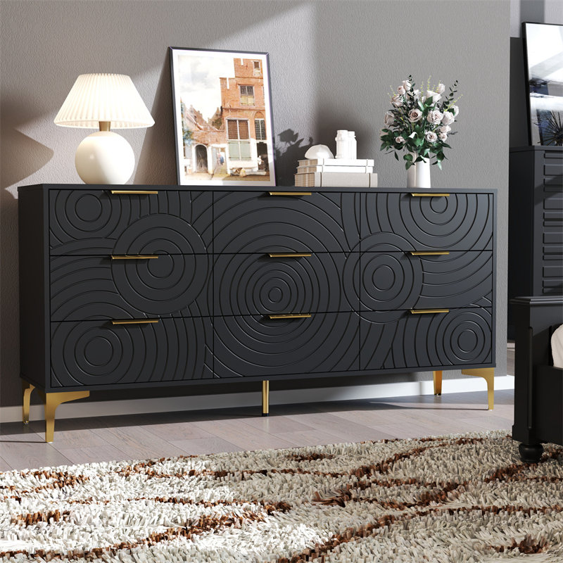 Commode à 9 tiroirs Wave avec poignées et pieds dorés, Noir