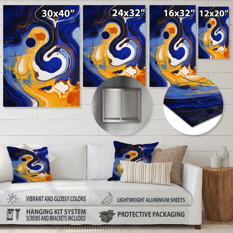 Yellow And Blue Liquid Ink River I - Liquid Ink Abstract Metal Wall Art, 20" H x 12" W x 1" D