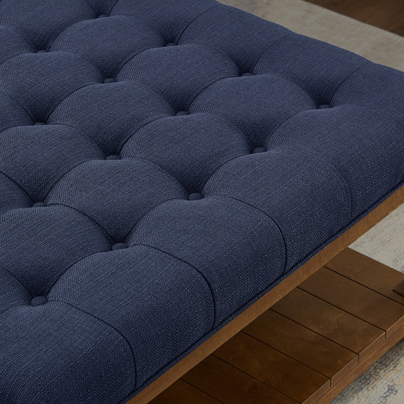 Grande table basse carrée avec repose-pieds en lin capitonné et grand repose-pieds avec tablette en bois massif - bleu marine