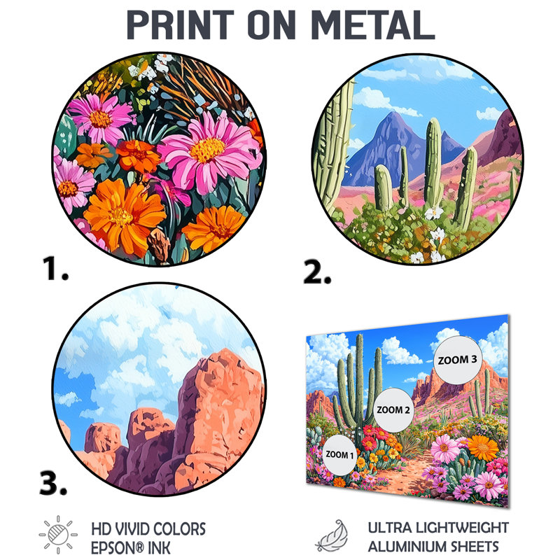 «Desert Bloom In Arizona I», impression d'art mural en métal, paysages, H 12 po x l 20 po x P 0,84 po