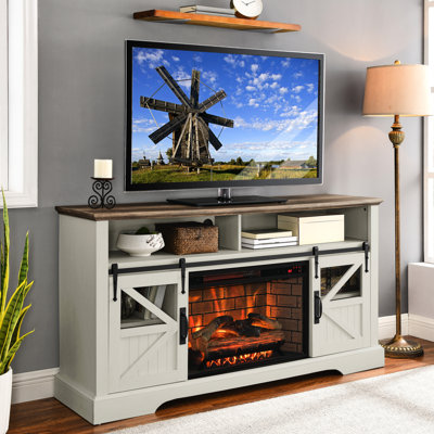 Electric Fireplace Media Stand 60 Inch - Jasmine White. 1500w Heat, 4 Flame Brightness Options, Double Protection, Remote Controlled 60" Tv Cabinet Realistic Effect, 5000 /h Overheat Multi Storage