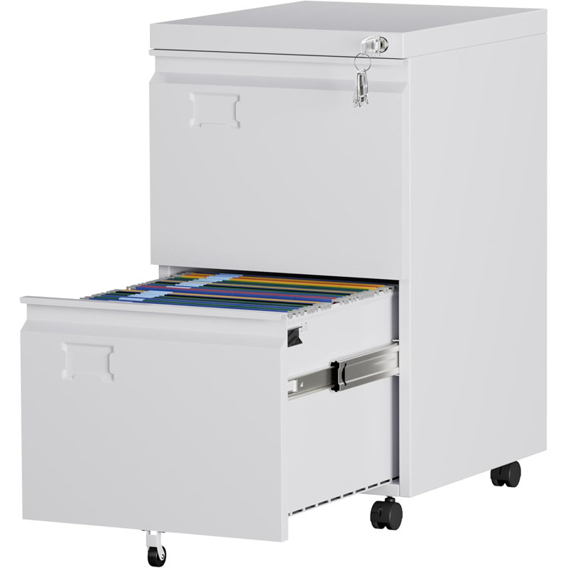 2 Drawer File Cabinet with Wheels, Lockable Metal Filing Cabinet with Business Card Slot for Legal/Letter Size Home Office, Required Assembled,White