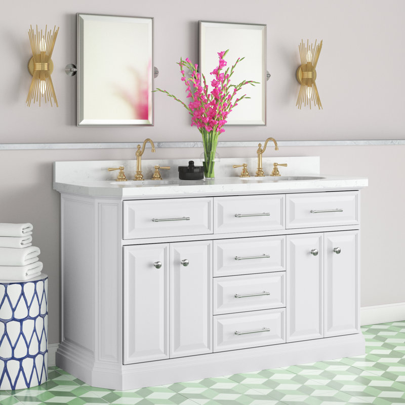 Meuble-lavabo de comptoir en marbre Bruning Carrara, L 60 po, Blanc pur, Chrome chrome