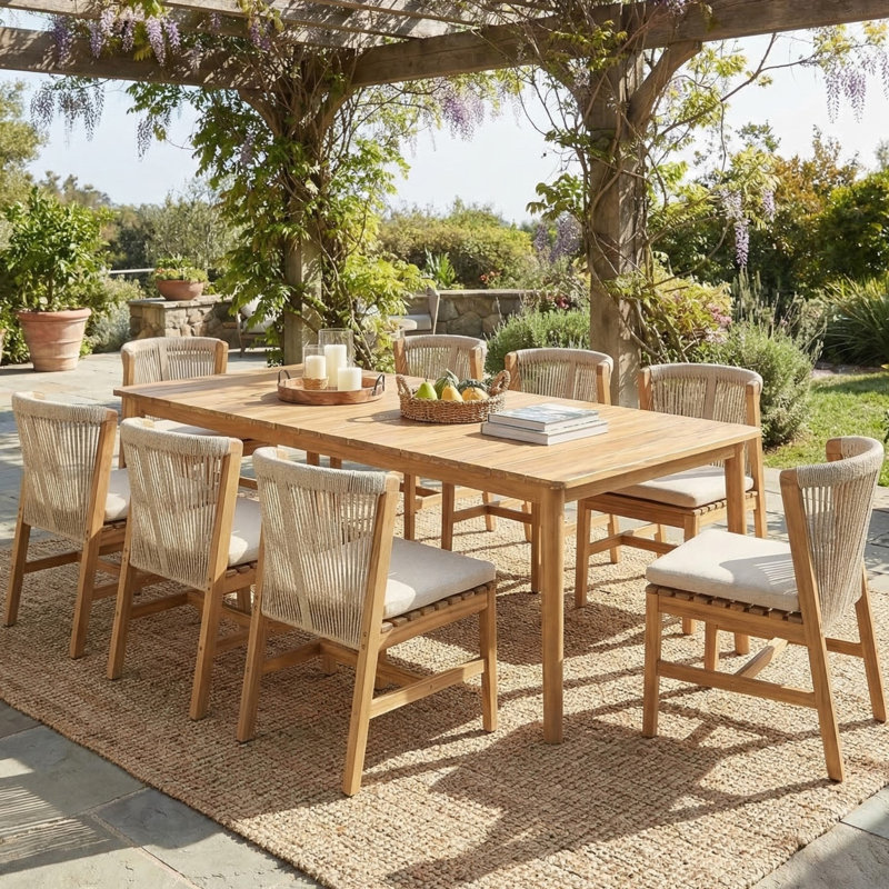 Caelora Outdoor 9-Piece Acacia Wood Dining Set With Woven Rope & Olefin Cushions