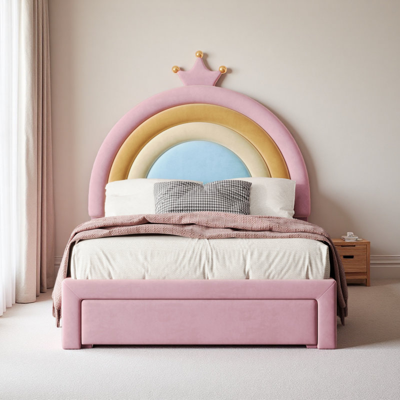 Lit tapissier arc-en-ciel design, lit plateforme en velours avec tiroir de rangement Princess, Lit simple