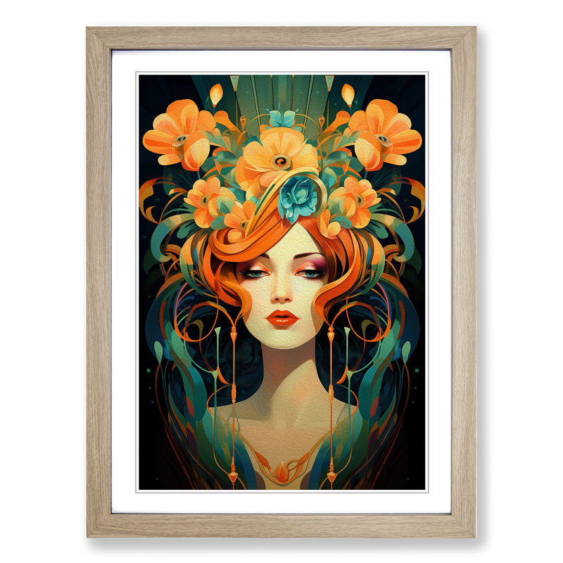 Female Art Deco Art - Framed Print, 46cm H x 34cm W, Oak Framed