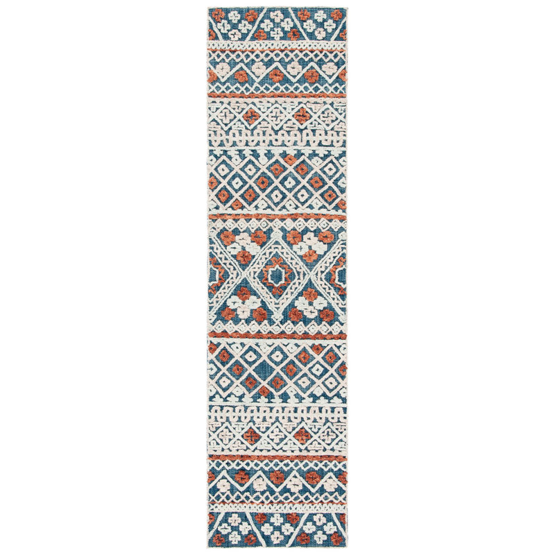 Hand Tufted Wool/Cotton Geometric Rug in Orange/Blue, Runner 2'3" x 7'