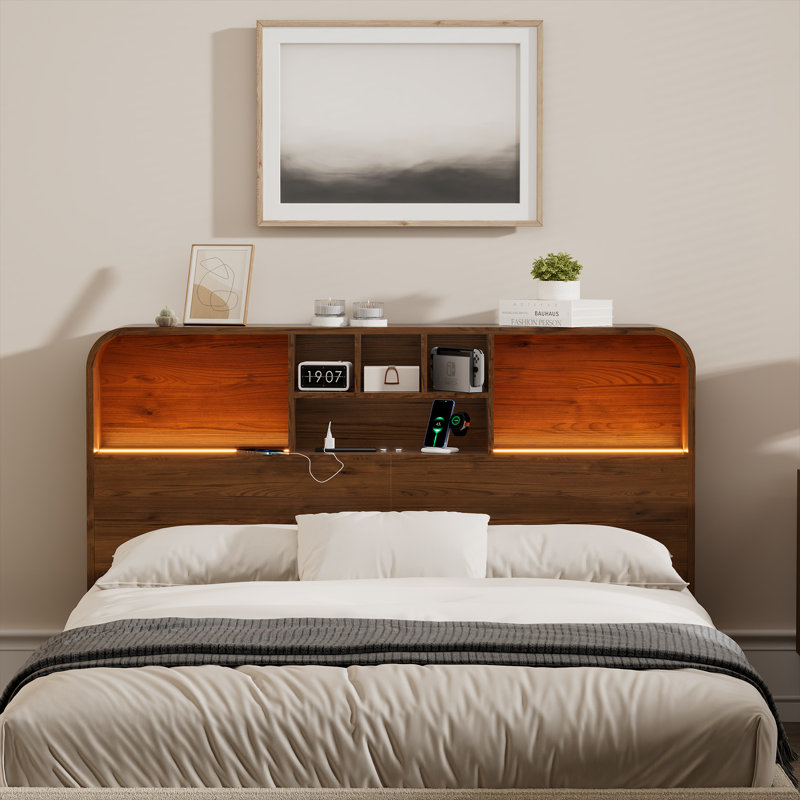 Tête de rangement avec lumières DEL et station de charge, Grand lit, Marron