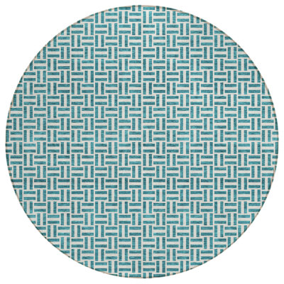 8' Teal Blue And Silver Round Geometric Washable Indoor Outdoor Area Rug