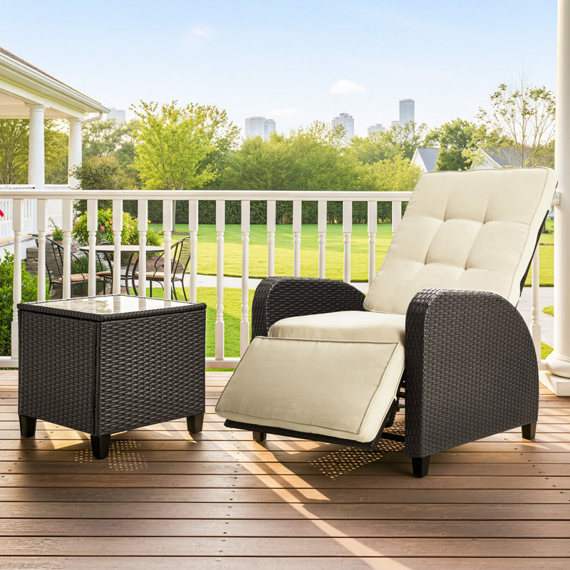 Adjustable Outdoor Recliner Lounge Chair With Storage Side Table And Weather-Resistant Cushions, Beige