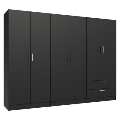6 Doors 2 Drawers Wardrobe Set Armoire Closet Bedroom Storage Cabinet with Shelves and Hanging Space 94"L Wooden Clothing Organizer Unit by Hokku Designs