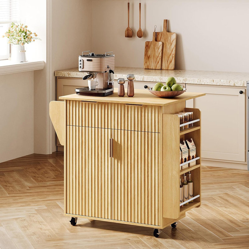 Kitchen Island With Storage, Rolling Cart On Wheels With Foldable Drop Leaf, Drawer & Door Cabinet, Portable Kitchen Cart For Meal Prep & Organization, Oak