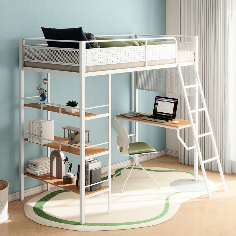 Lit mezzanine simple blanc mat avec structure en métal, garde-corps et 3 tablettes pour la chambre à coucher
