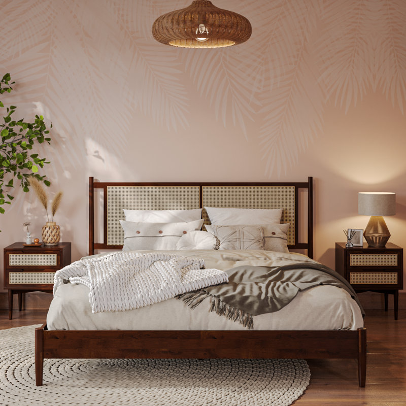 Oliver Solid Wood Platform Bed with Rattan Headboard, Queen, Walnut