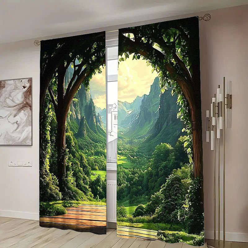 2Pcs Fantasy Forest Landscape Window Curtains Natural Scenery Mountain Valley View  Print Room Darkening Curtain Panels Thermal Insulated Light Blocking Drapes for Living Bedroom Office Home Decor