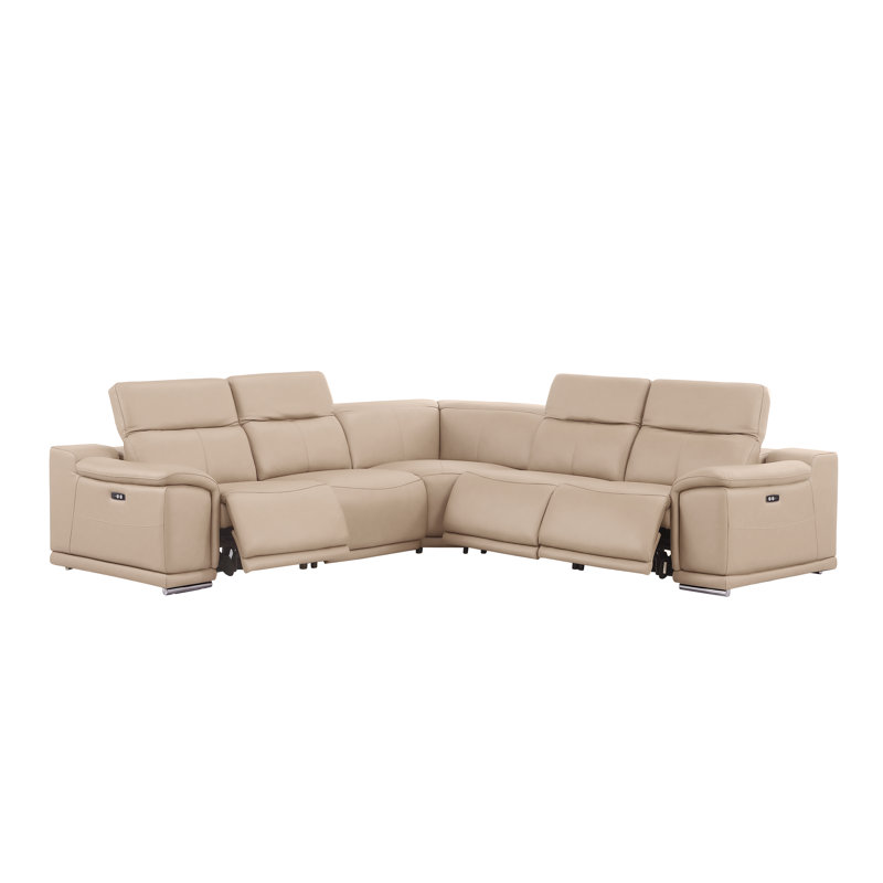 5-Piece L-Shaped Power Reclining Sectional In Genuine Leather – 3 Recliners, Beige Top Grain Leather
