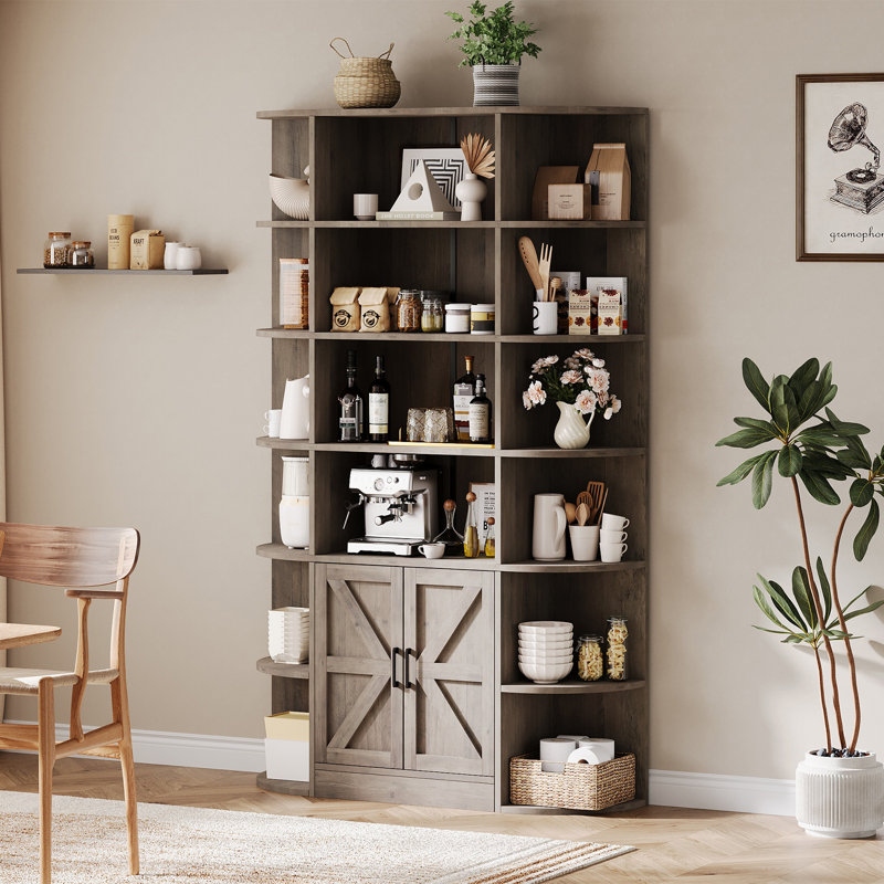 75" Tall 6-Tier Wooden Bookshelf with Storage Cabinet and Doors - Wide Organizer, Gray