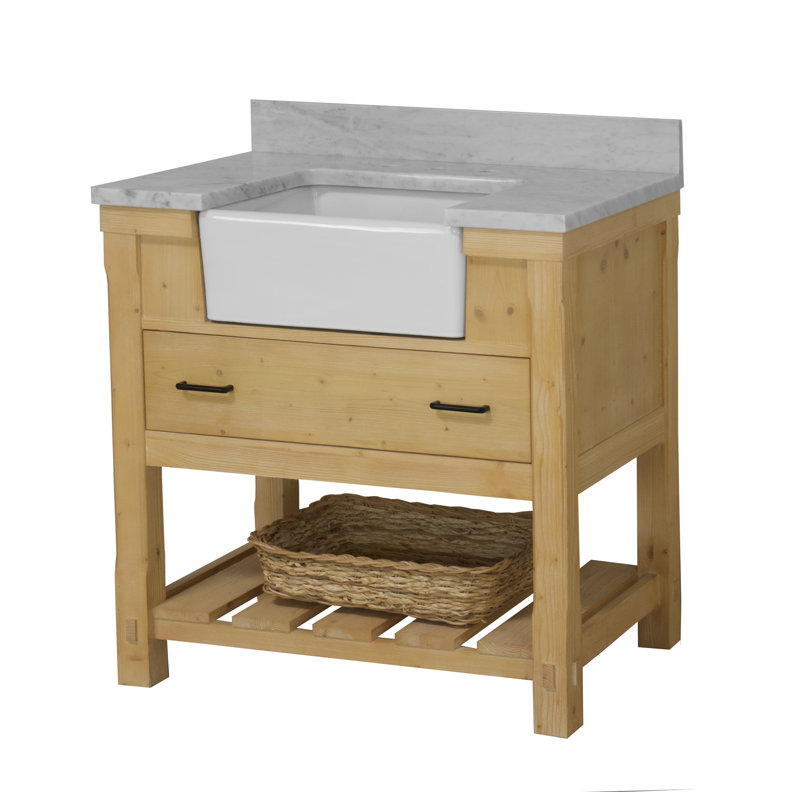 Ensemble de meuble-lavabo simple 36 po Hitton, Marbre de Carrare, Bois flottant