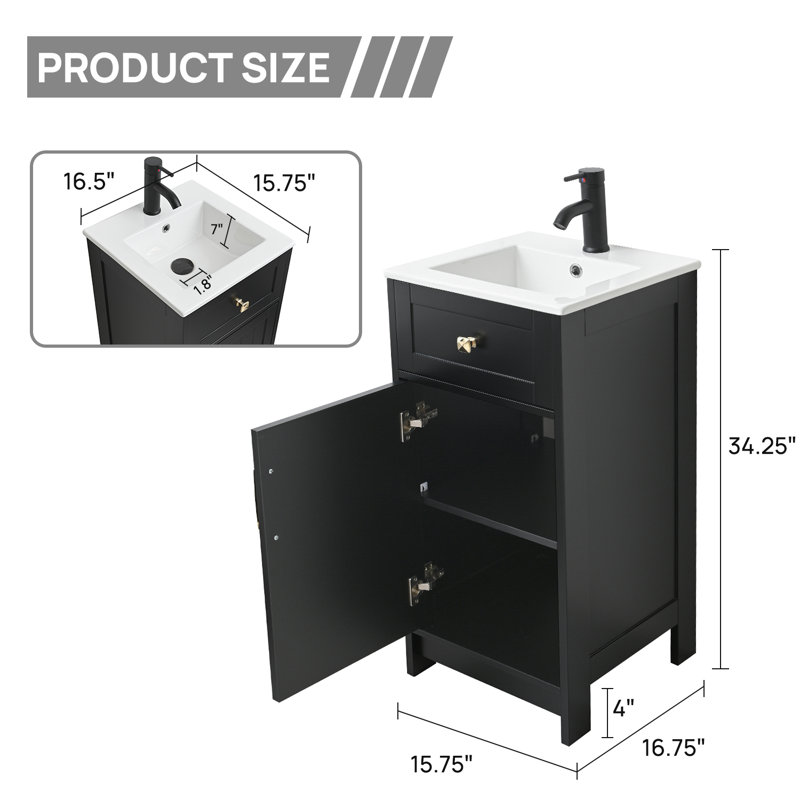 16-inch Modern Bathroom Vanity With Sink, Gold, Black