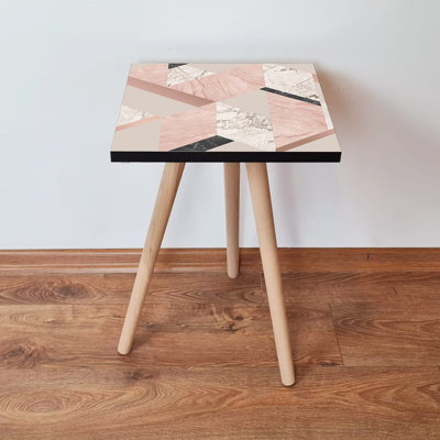Modern Side Table with Beech Wood Legs, Pink & Beige/White & Black Colour, 13.8 x 16.5 x 13.8 inches | 100% MDF, Thickness: 0.7 inches | Stylish Geometric Design, Perfect for Living Room & Bedroom Decor