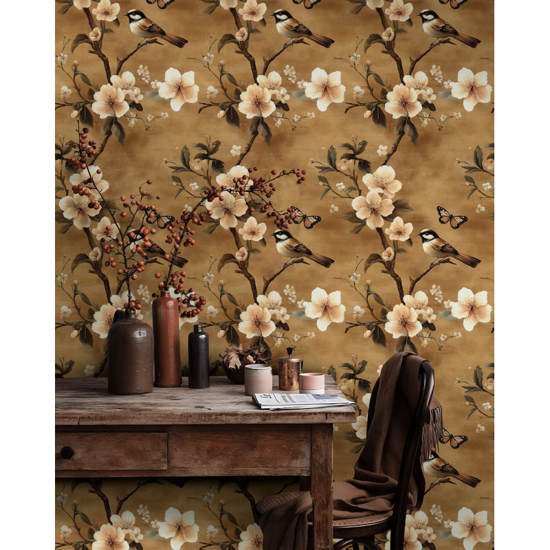 «Warm Beige Blossom», papier peint mural avec oiseaux et papillons