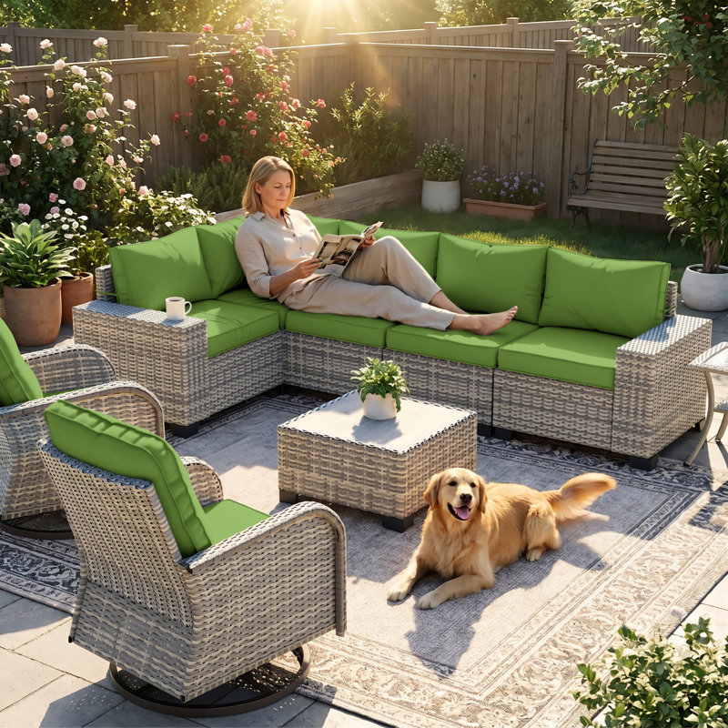 9-Piece Outdoor HDPE Wicker Patio Conversation Set With Wide Armrests, Sectional Sofa & Swivel Chairs, Lime Green