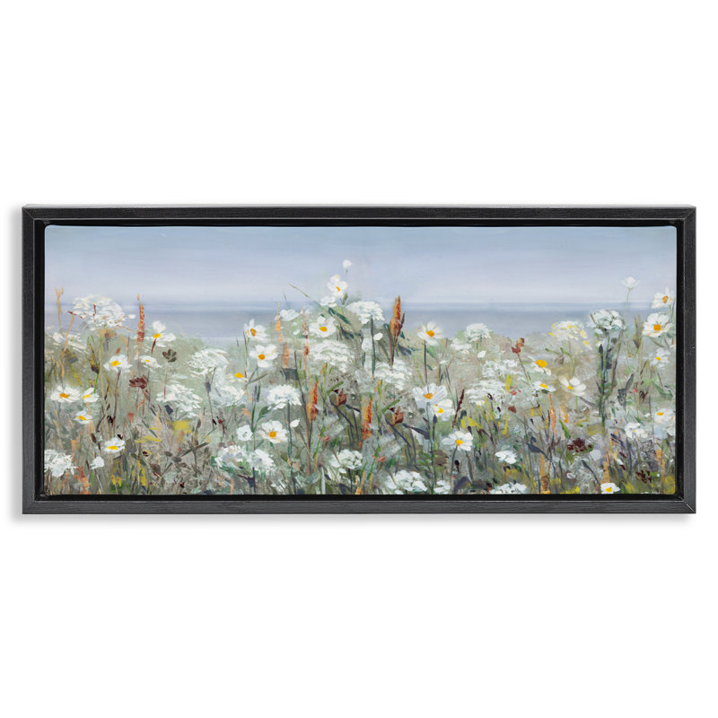 Champ de fleurs et mer au-delà, Cadre flottant noir de jais, H 11 po x l 25 po
