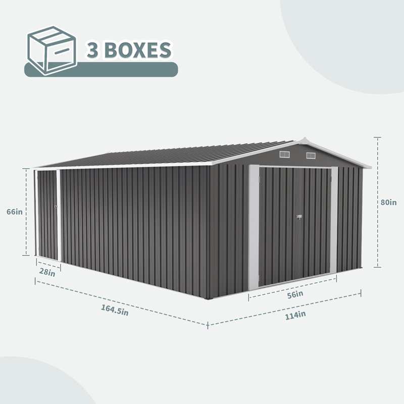 Remise de rangement extérieure en métal 10 x 14 pi avec 3 portes verrouillables Mondawe