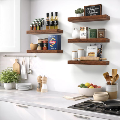 Étagères murales flottantes de 16 pouces (paquet de 5, noyer) Étagère fixée au mur avec supports invisibles pour cuisines, chambres, salons, salles de bains et décoration intérieure.