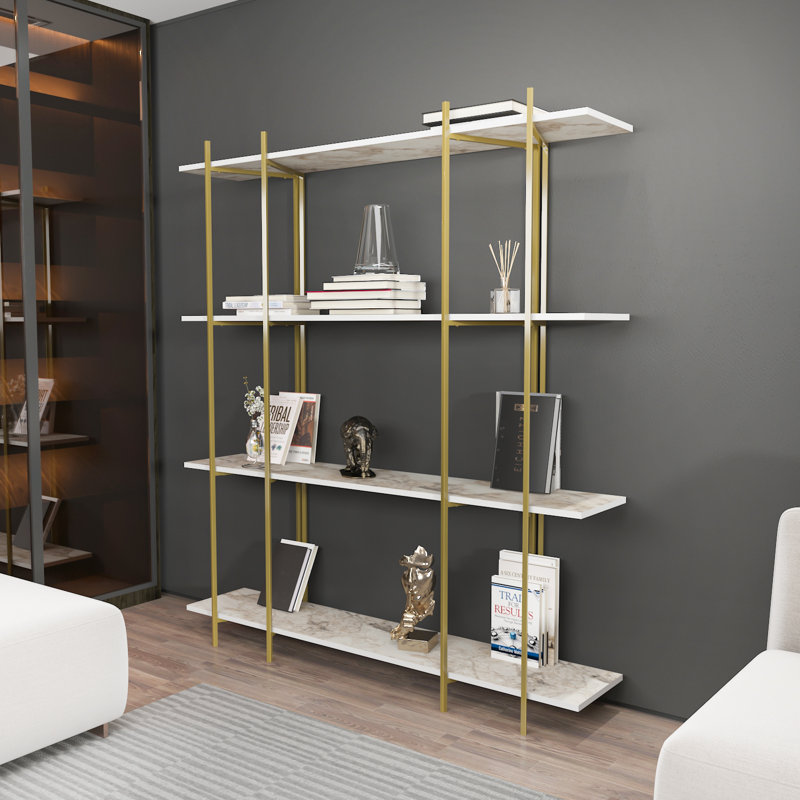Assia 180cm H x160cm W Standard Bookcase, Gold, White