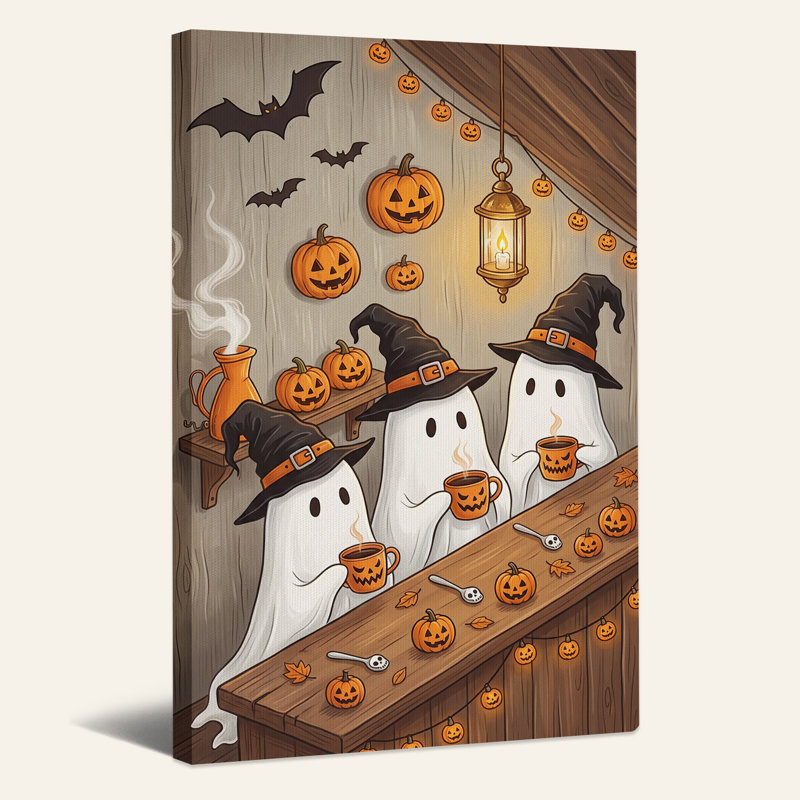Art mural sur toile Halloween, fantômes blancs et chapeaux de sorcière noirs, H 24 po x l 16 po