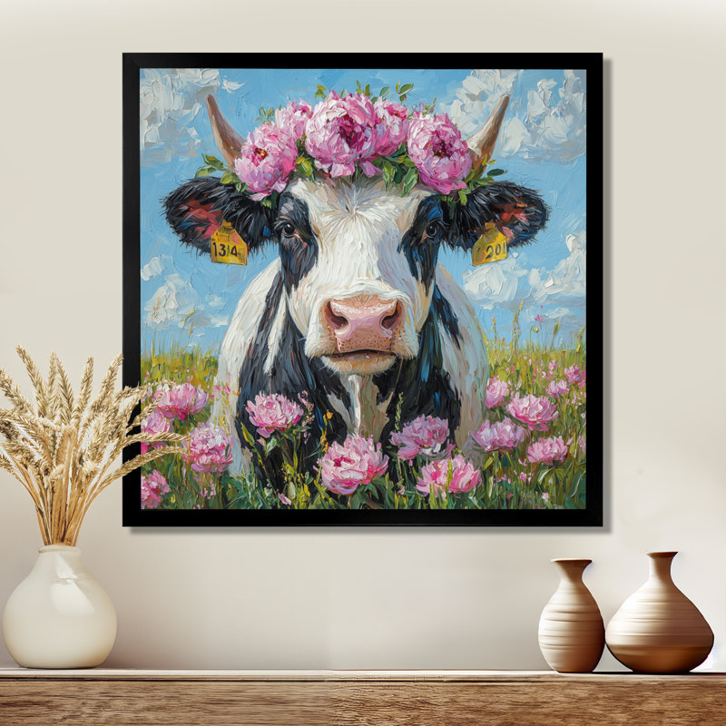 Vache, peinture avec pivoines III - Vache grande, art mural, H 36 po x l 36 po, Reproduction encadrée d'une seule photo, Noir
