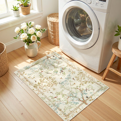 Floral Rug Botanical Birds Print Nature Plants Washable Non-slip