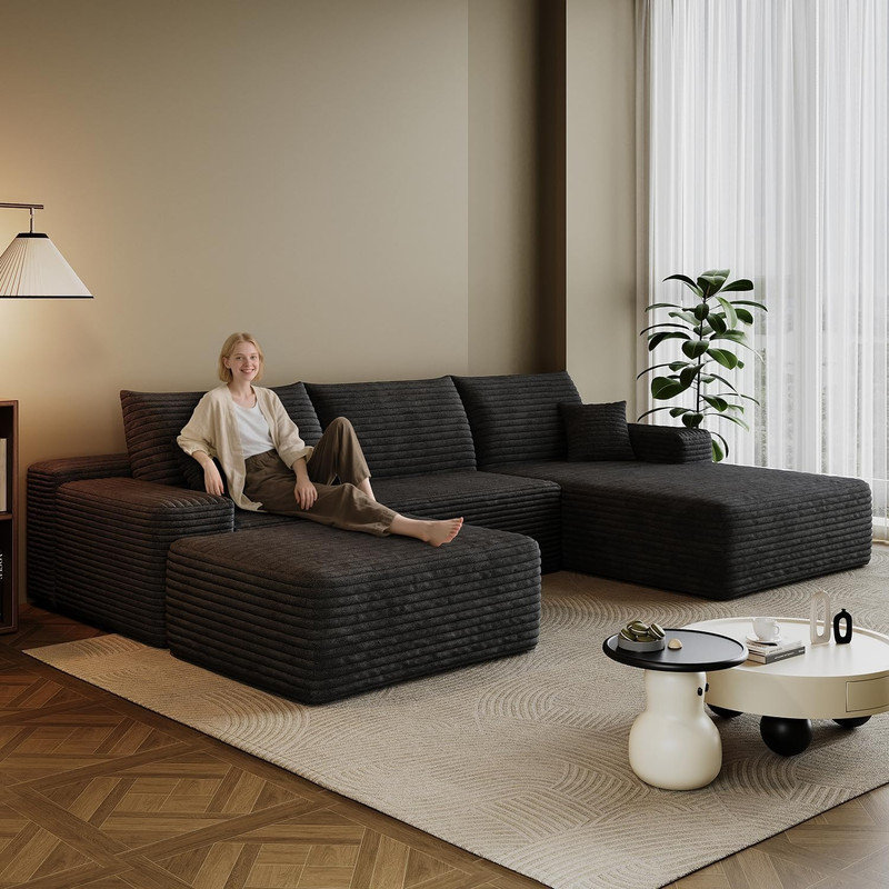 Boneless 107.5" Boneless Sectional Couch Modern Modular U - Shape Corduroy Upholstered Sofa for Living Room - Deep Seat with Chaise and Ottoman(Green, 2 Seater+Left Facing Chaise+Ottoman)