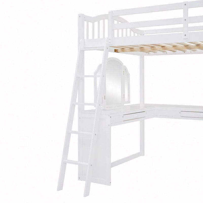 Lit mezzanine en bois avec bureau en U, compartiments de rangement et miroir à trois volets