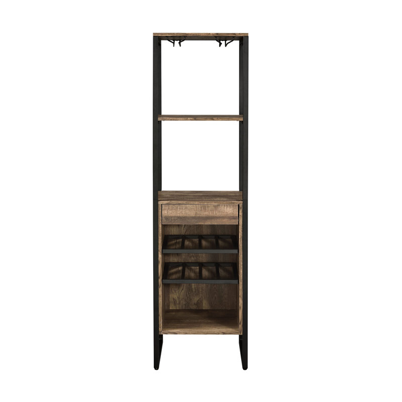 Support à vin carré en chêne vieilli pour bouteilles et 1 tiroir, 3 sections ouvertes, cadre en métal avec capuchons ajustables, capacité de 100 lb, compartiments à finition profonde de 69 po de hauteur et 16 po de largeur, 5 mm de largeur et 17 po de largeur