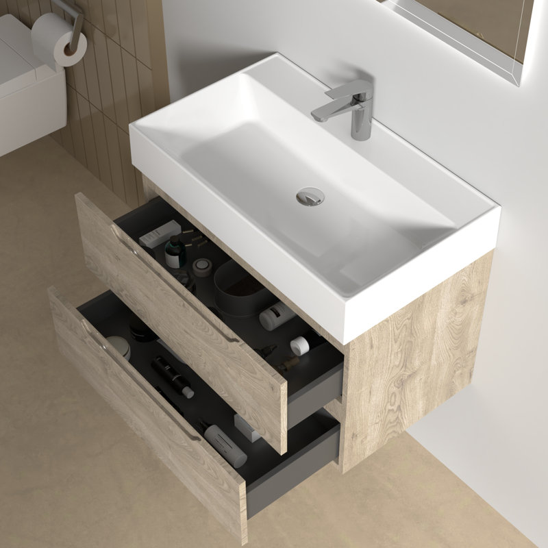 32" Single Bathroom Vanity Wall-mounted Floating vanities with White Resin Stone Top,2 Drawers Modern for Small Bathroom, 32"