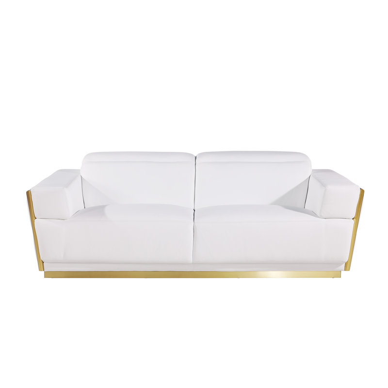 Canapé en cuir italien Sylvian, Blanc, Doré