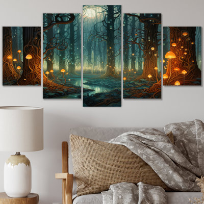 «Glowing Lights In The Full Moon Forest Magic», impression d'art mural prairie - 5 panneaux