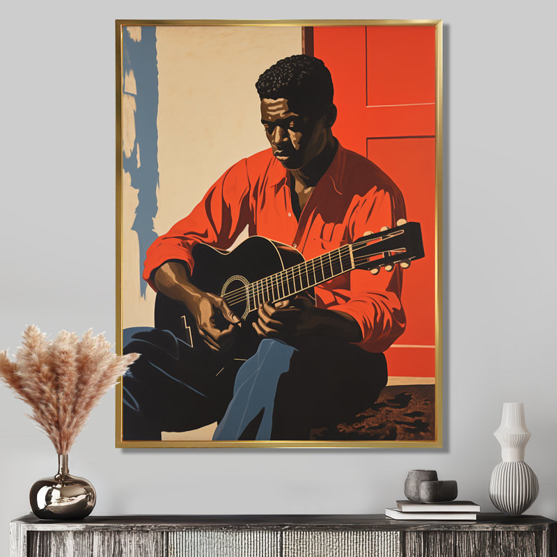Jazz, joueur de guitare rétro - musicien mural, salon, Toile avec cadre flottant or, H 20 po x l 12 po x P 1 po