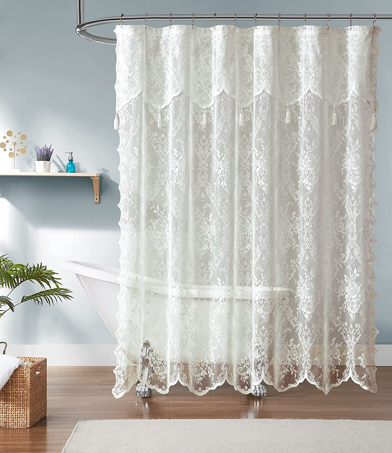 Rosdorf Park Cherrilyn Floral Lace Shower Curtain with Attached Valance and Tassels. & Reviews | Wayfair