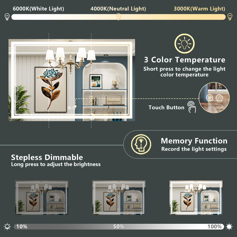 Jayce LED Vanity Mirror with Memory Function, 3 Color Temperatures & Dimmable Light, Anti-fog Tempered Glass ETL Listed Mirror