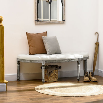 Banc en demi-cercle de bout de lit capitonné avec banc d'entrée en bois d'hévéa, blanc cassé