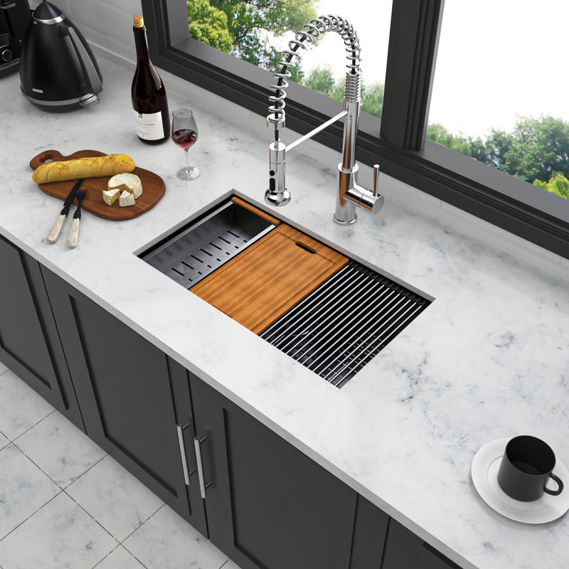 Évier de cuisine noir Gunmetal - station de travail à simple cuve encastrable 28 po x 18 po x 10 po