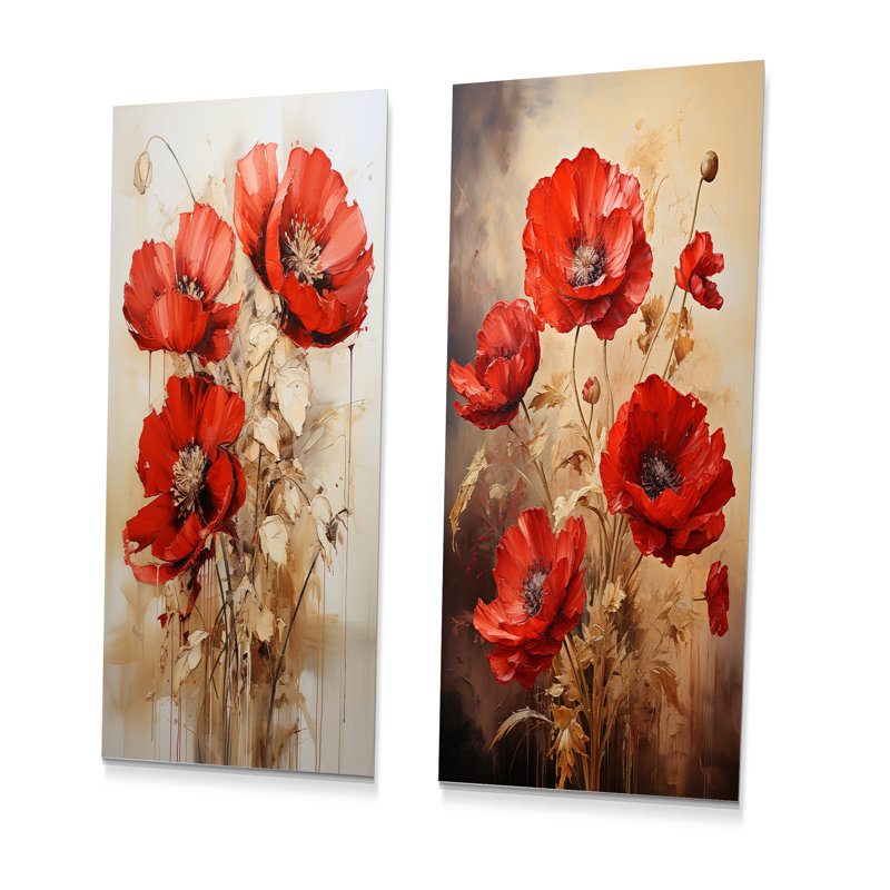 Poppies Scarlet Solitude - ensemble de 2 impressions murales en métal coquelicots, H 32 po x l 32 po