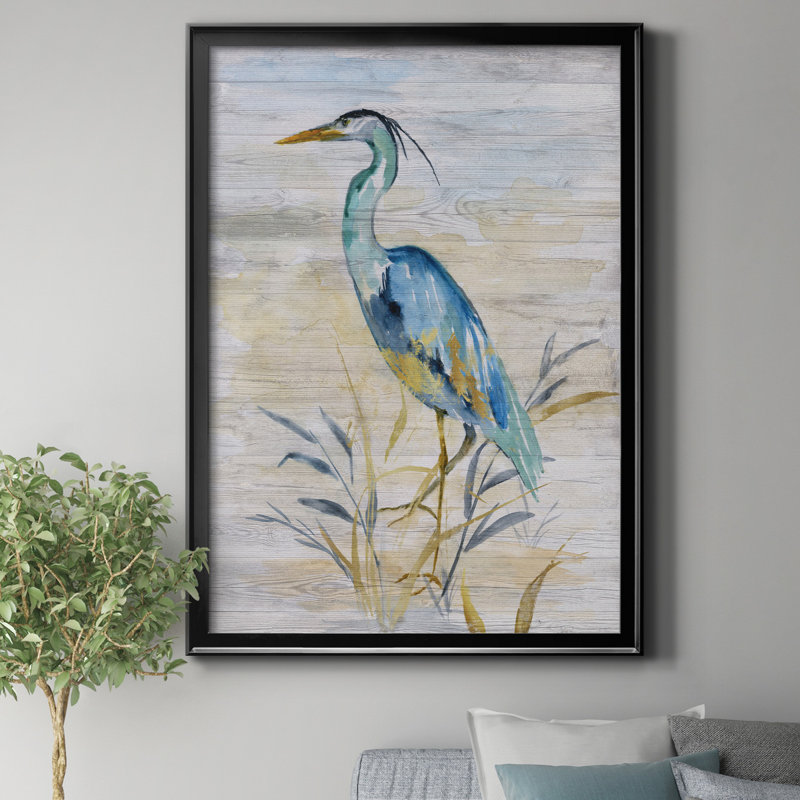 Héron bleu II par J Paul - Tableau représentant un héron bleu dans un marais, encadré sous verre acrylique, décoration murale côtière pour le salon