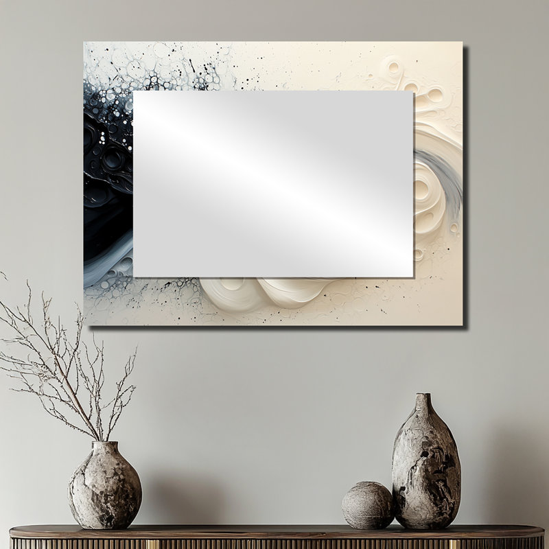 Noir et blanc spirale encre rythmique rivière II - miroir mural peinture goutte à goutte - imprimé sur métal, 24 po x 32 po